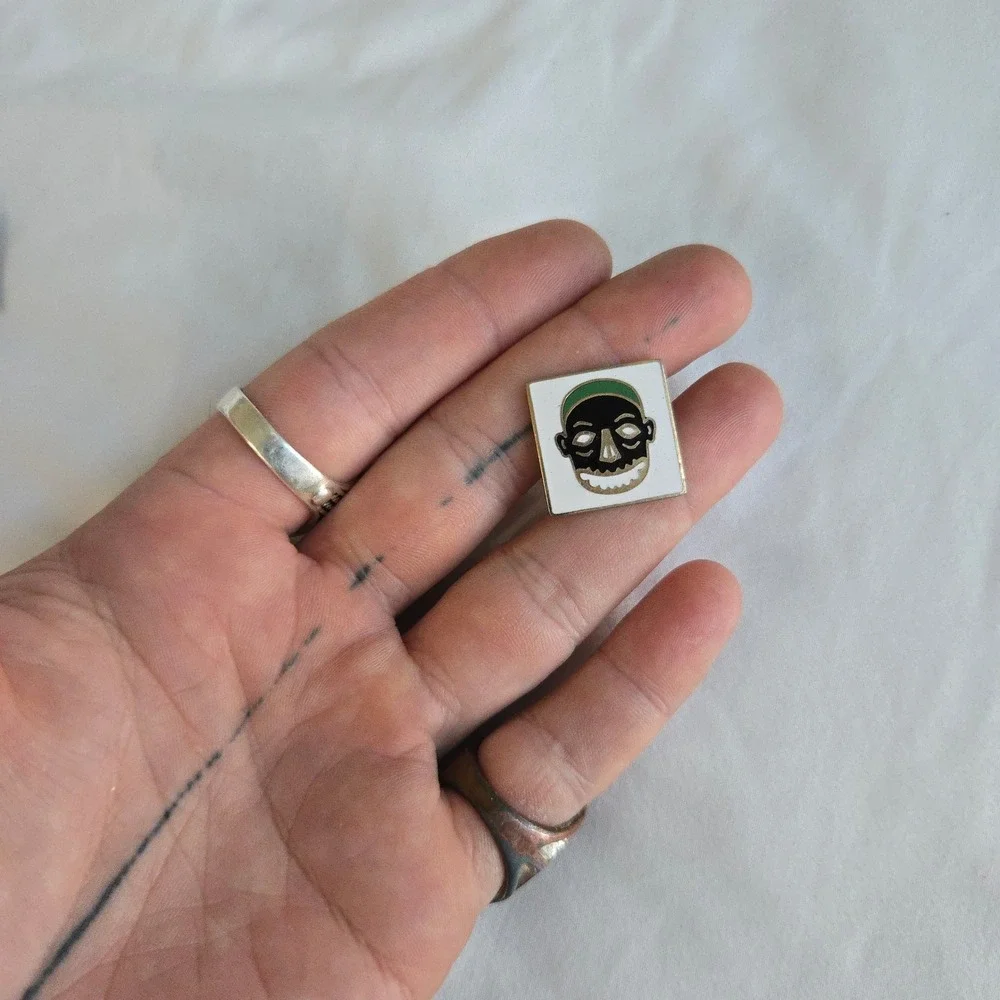 VTG Swank Tribal Face Cufflink Black Green Enamel Single Men Jewelry Gold Square